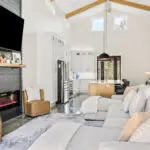 custom living room with vaulted celings